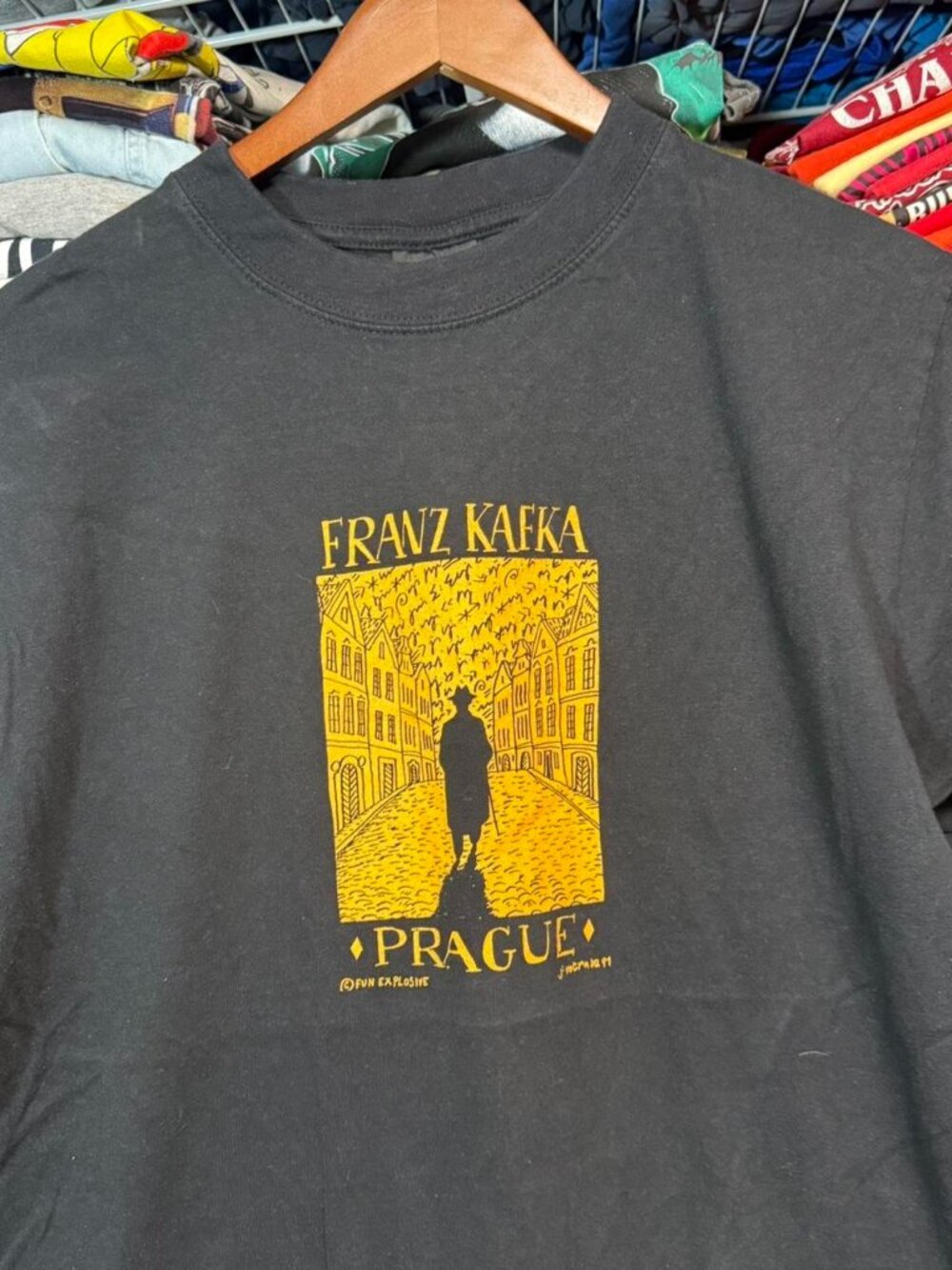 90s vintage Franz Kafka Prague art Praha hand made t shirt black